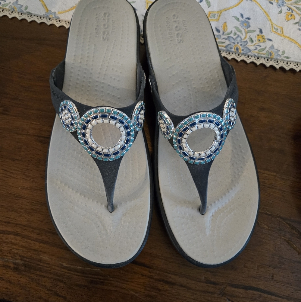 CROCS Navy and Teal Embellished Sandals
